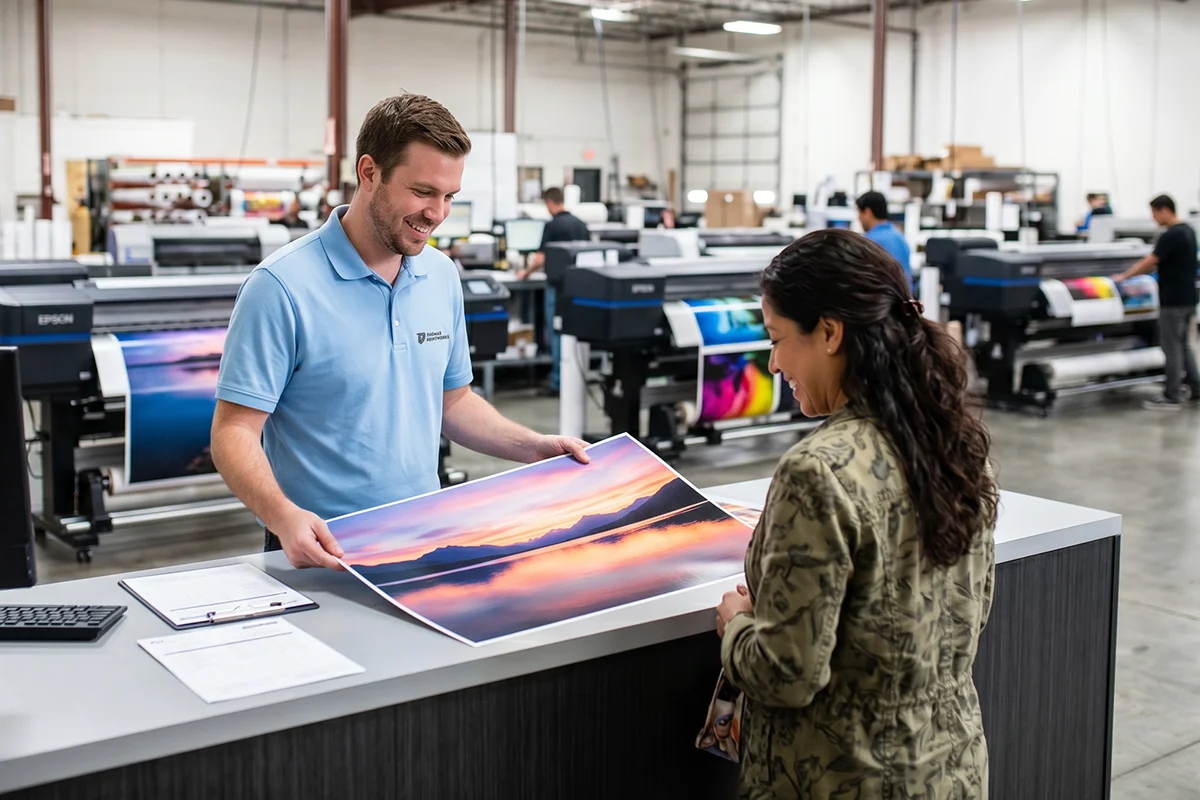 TPW employee and customer examining a color print