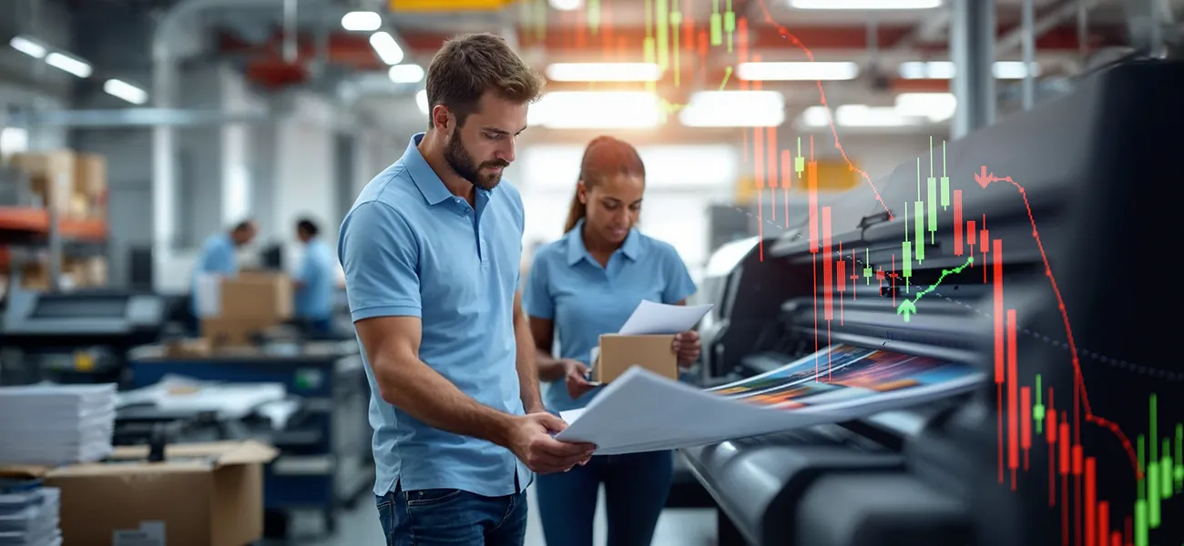 Two TPW employees examining a large format print